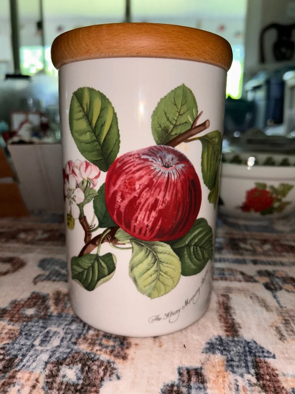Pristine Portmeirion Pomona 'The Hoary Morning Apple' Ceramic Canister with Wood
